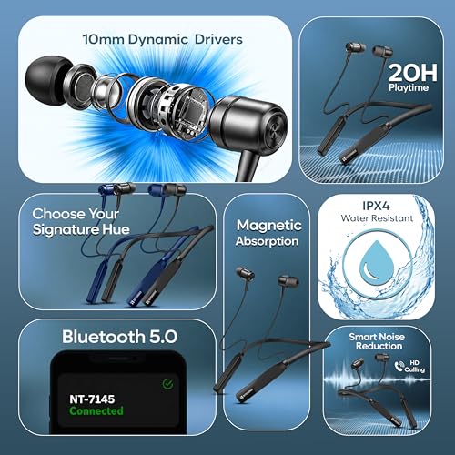 Image of Bluetooth 5.4 Neckband Earphones, 20H Playtime, Smart Noise Reduction, Magnetic Absorption in Blue & Black Set of 2