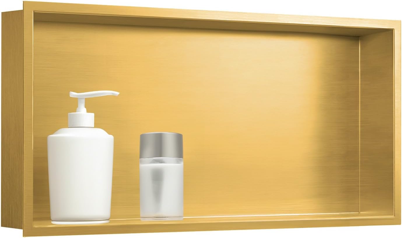 SaniteModar Shower Niche, Stainless Steel Shower Niche 12" X 24" Brushed Gold No Tile Needed for Bathroom Storage