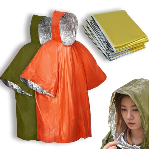 Image of 4X Surviv`al Gear kit, Emergency Poncho (2pc), Emergency Space Blanket (2pc), Mylar Liner - Retains 92% Body Heat, Outdoors, Hiking, Camping, Bug Out Bag, Marathons or First Aid, Car (G + O)