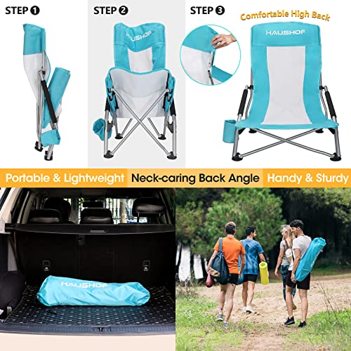 Haushof High Back Beach Chair, Mesh Back Folding Chair, Lightweight Low Seat Camping Chairs With Cup Holder, Carry Bag, Padded Armrest For Outdoor Beach Lawn Camping Picnic Festival #TOP5
