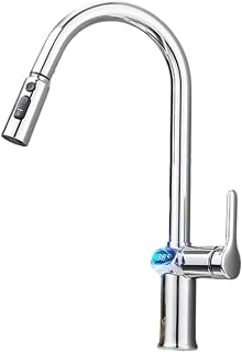 Grifo de cocina con pantalla LED de temperatura, rociador extraíble de 60 cm, giratorio de 360 °, 3 modos de pulverización, grifo mezclador de frío y caliente, para fregadero, negro