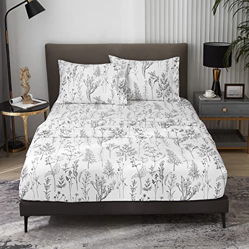 Hyprest Floral Bed Sheets King Size, 18 Inches Deep Pocket Sheets 1800 Thread Count, Black And White Leaf Sheet Set Soft Breathable Cute Aesthetic Sheets Shabby Chic Bed Sheets,Oeko-Tex Certificated #TOP2