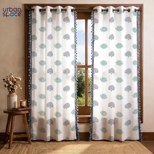Image of Urban Space 100% Cotton Curtains 8 feet for Long Door, 60-65% Room Darkening Decorative Curtains 8 feet Long Set of 2 with Stainless Steel Rings and TieBack (Trees Green, Door - 8ft x 4ft)
