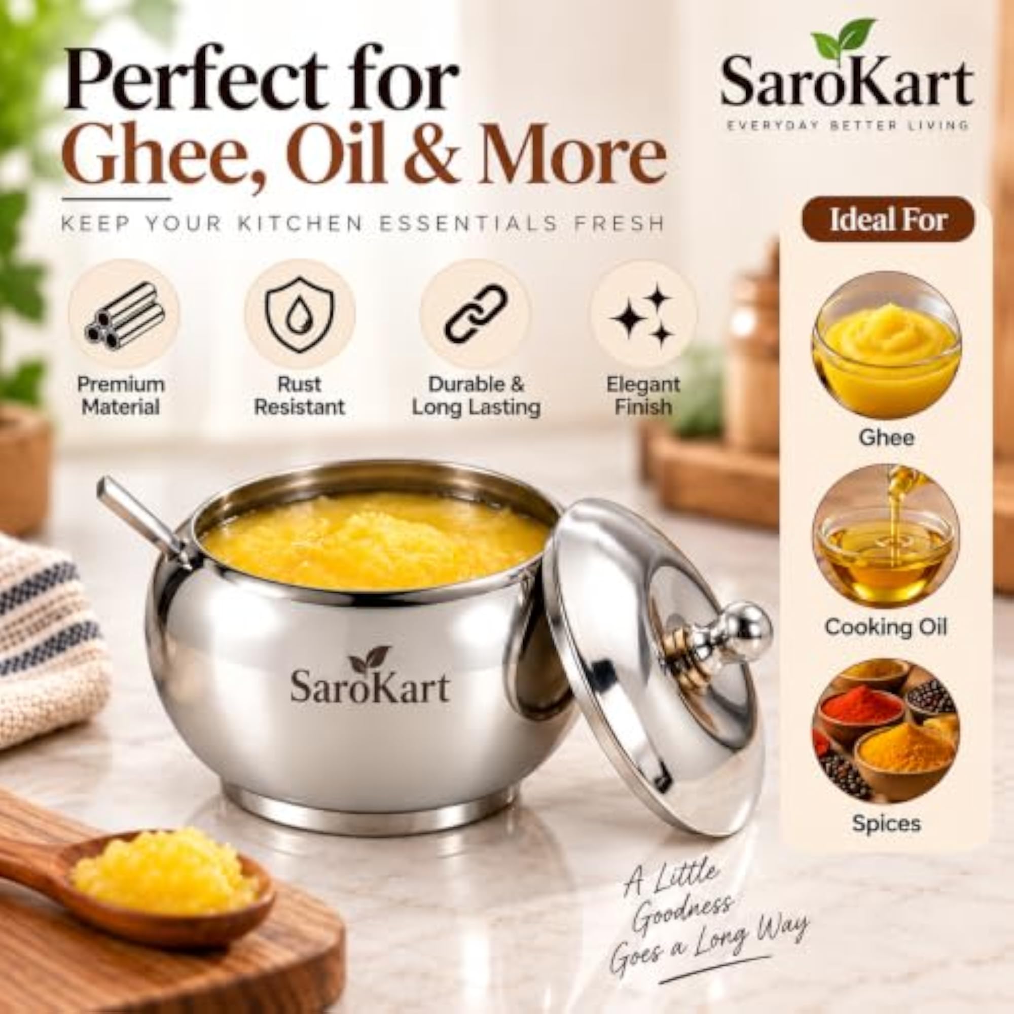 Stainless Steel Ghee Pot With Lid & Spoon, 300 ml