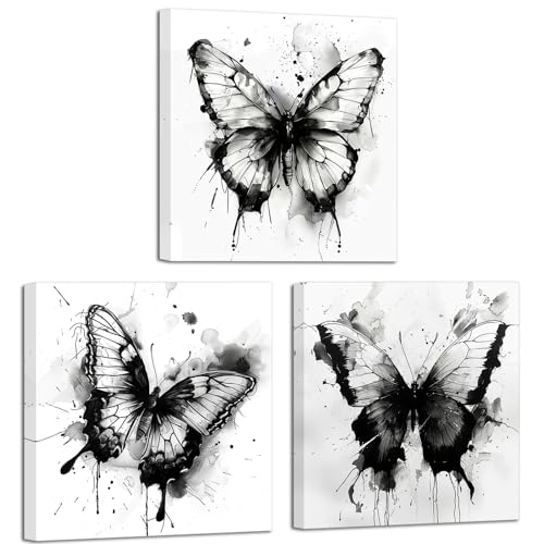 ChaudArt 3 Pieces Animal Canvas Wall Art Black and White Butterfly Picture Painting Prints Modern Art Wall Decor for Bedroom Framed