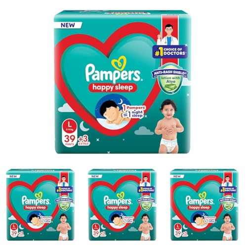 Image of Pampers Happy Sleep Pant Style Baby Diapers, Large (L), 42 Count, 1 Pampers : 1 Night Sleep, with Anti Rash Shield, 9-14 Kg Diapers (Pack of 4)