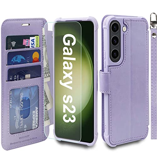 VANAVAGY Compatible for Galaxy S23 Wallet Case, 12ft Drop Protection, RFID Blocking PU Leather Flip Cover