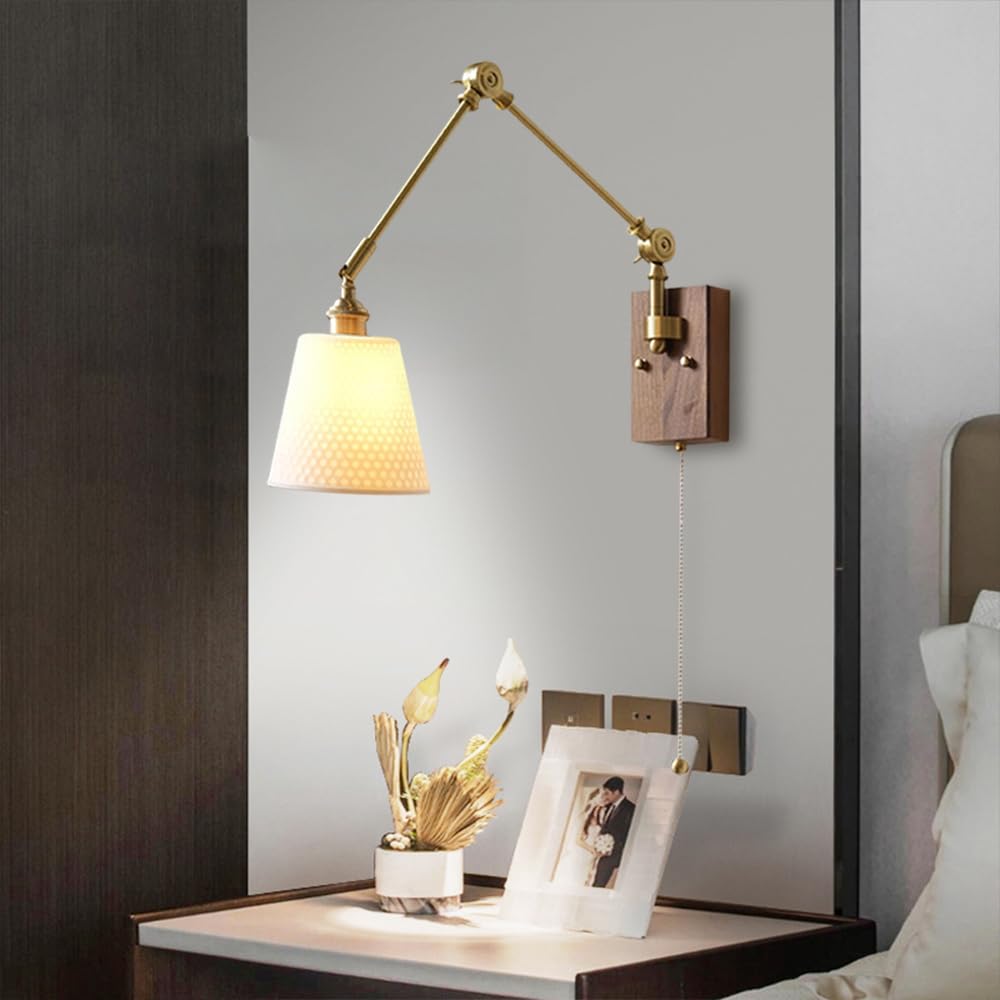 1 Confezione di Applique da Parete in Legno Vintage, Lampada da Parete con Braccio Girevole Regolabile con Paralume in Ceramica Bianca, Moderna Lampada da Parete in Ottone con Interruttore per so
