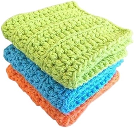 Handmade Crochet Washcloths Set of 3, 100% Cotton, Dish Towels, Dish Cloths, Lime, Blue and Orange Linen, Hand Towels, washcloth for Baby