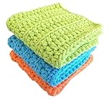 Handmade Crochet Washcloths Set of 3, 100% Cotton, Dish Towels, Dish Cloths, Lime, Blue and Orange Linen, Hand Towels, washcloth for Baby