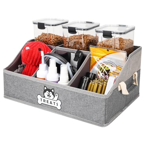 Dog Treat Container Basket for Countertop Foldable Pet Toy Box for Living Room Area with Handles Dog Storage Organizer with Removable Dividers for Treat Container Leashes Canned food Pet Supplies
