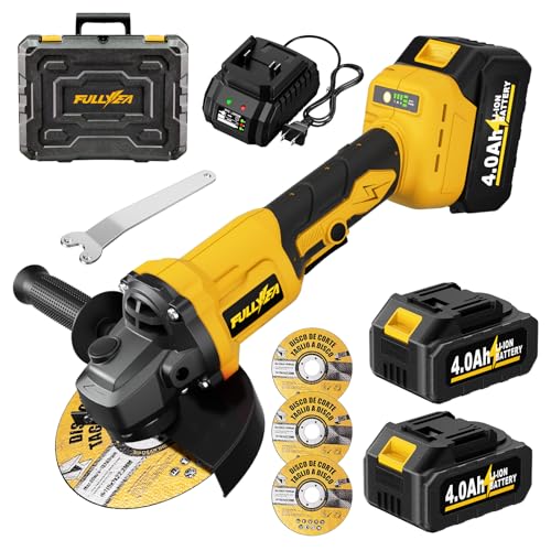 FULLYEA Cordless Angle Grinder 4-1/2', Brushless Angle Grinder Tool 12000 RPM, Power Angle Grinders with 2 * 4.0Ah Batteries & Charger, Electric Metal Grinder Kit for Cutting, Grinding (Yellow)