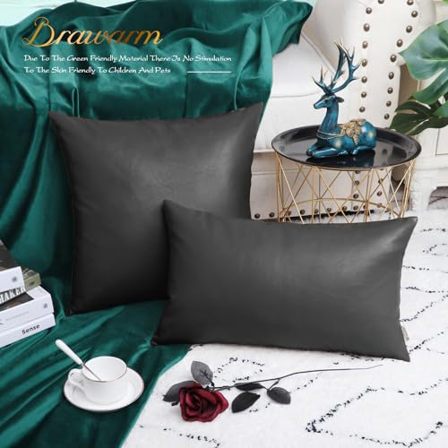 Image of BRAWARM Pack of 2 Cozy Bolster Pillow Covers Cases for Couch Sofa Bed Solid Faux Leather Soft Luxury Cushion Covers Both Sides Home Decoration 12 X 20 Inches Charcoal Gray