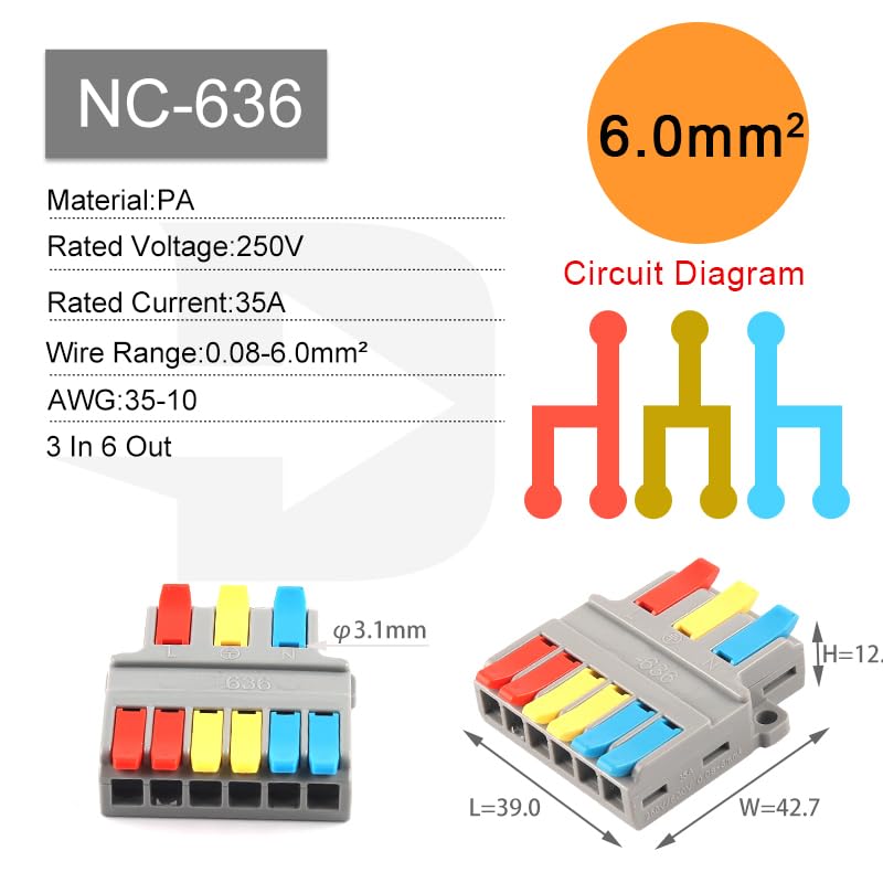 Quick Wire Connector Push-in Electrical Cable 4/6Pin Butt Home Terminal Block 1 in Multiple Out Junction Box 35-10AWG(NC-636)