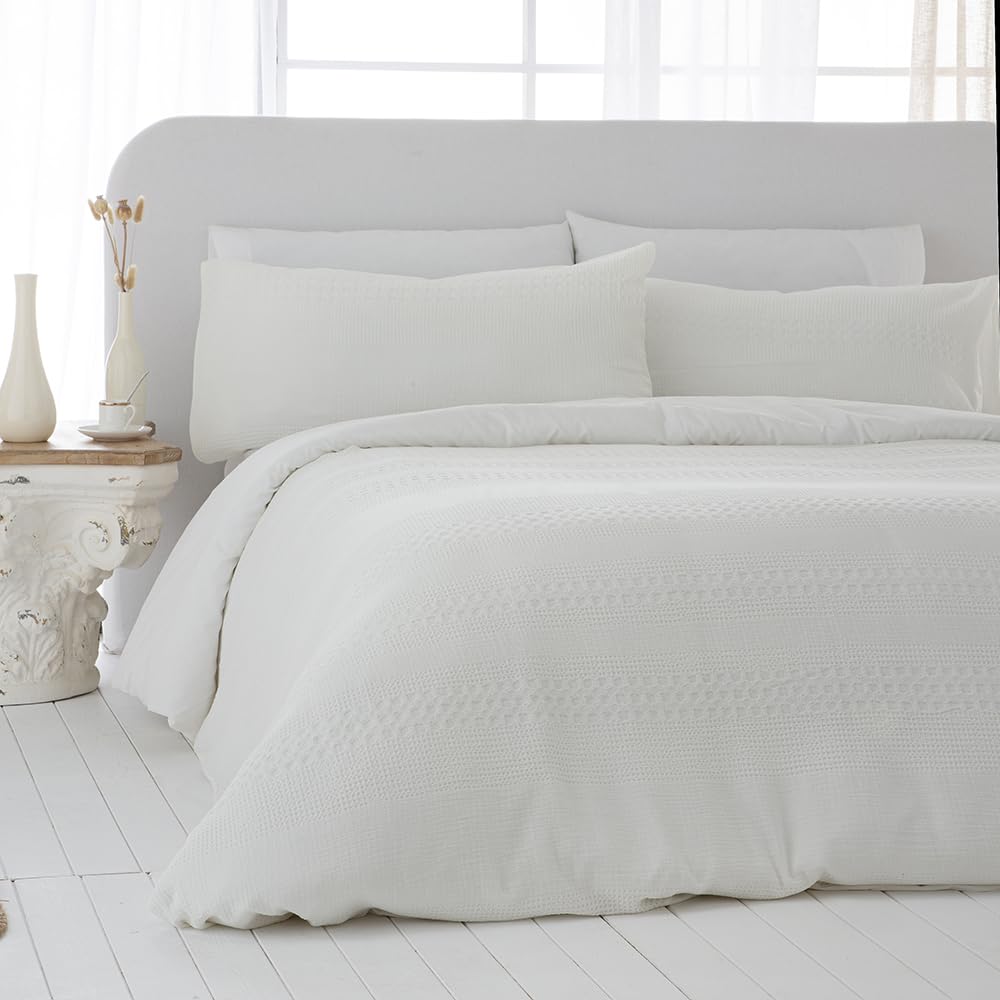 COTTON ARTean Funda Nórdica Cama 180 Algodón Waffle LARRUN Beige | Incluye 3 piezas: F. Edredón 260x240 + 2 F.de Almohada Cierre Botones. Certificado OEKO-TEX