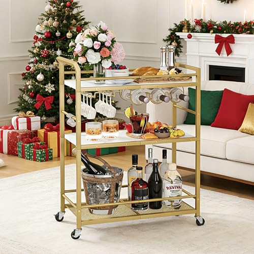 YAUKTAK 3 Tier Bar Cart, Small Beverage Cart, Mini Bar Cart with Wine Rack, Home Bar Serving Cart with Wheels for Kitchen Dining Living Room (Gold, General)