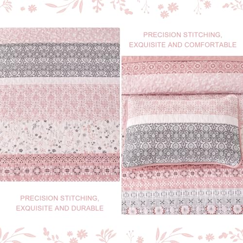 Parure de lit bohème microfibre légère patchwork floral rayé rose Queen
