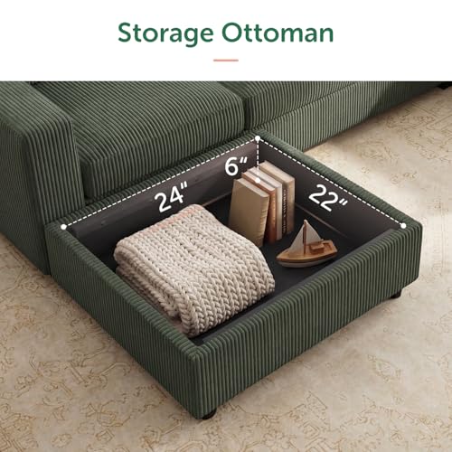 Image of HONBAY Corduroy Sectional Sofa with Storage, U Shape Sectional Sofa with Chaise, Sectional Couches for Living Room, Green
