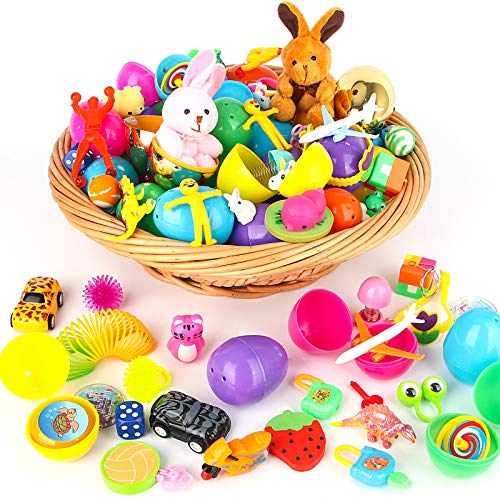 Sizonjoy 50 Toys Filled Easter Eggs, Different Kinds of Popular Prefilled Toys, Bright Colorful Prefilled Plastic Easter Eggs, Prizes,Kids Party Favors