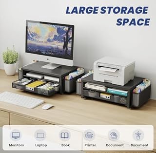 BOKIOVIN Supporto per Monitor in Metallo con Cassetto e 2 Portapenne per Scrivania, Organizzatore per Accessori da Ufficio e Supporto per Schermo del Computer per Stampante (Nero)