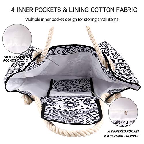 Women Beach Bag Large Waterproof Sandproof, Mandala Boho Bohemian Black White Extra Canvas Pool Tote Pockets, Travel Gym Yoga Swim XL Essentials Family Accessories Oversized Stuff Vacation Supplies - Image 5