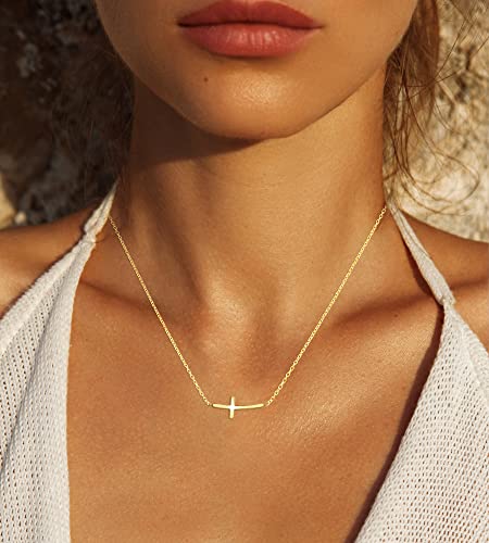 Beaux Bijoux Sterling Silver 14k Gold Plated Sideways Cross Necklace | Confirmation and Communion Jewelry | Curved Cross Pendant for Women3
