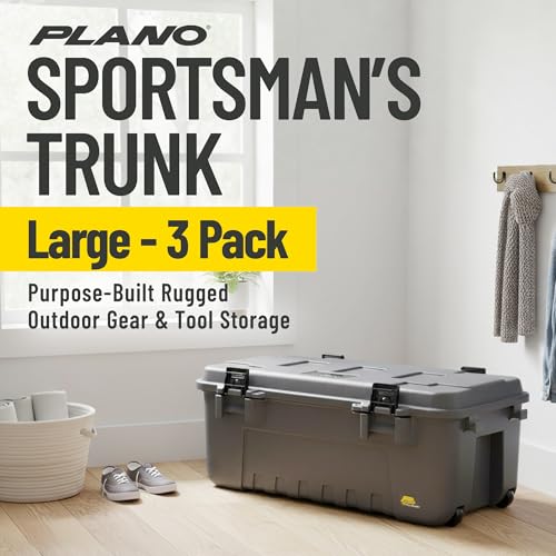 Image of Plano 3 Pack Storage Trunk with Wheels, Gray, Lockable Storage Box, Airline Approved Sportsman Trunk, Hunting Gear and Ammunition Bin, Heavy-Duty Containers for Camping, 108-Quart