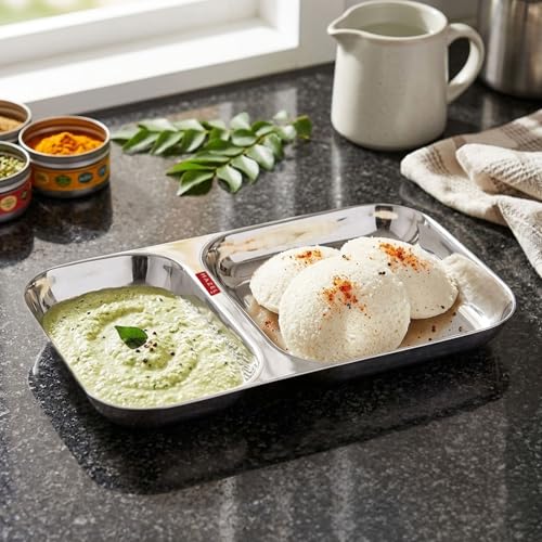 Image of HAZEL 2 Compartment Stainless Steel Section Plate | Rectangle Divided Thali Tray for Snacks, Meals & Portion Control