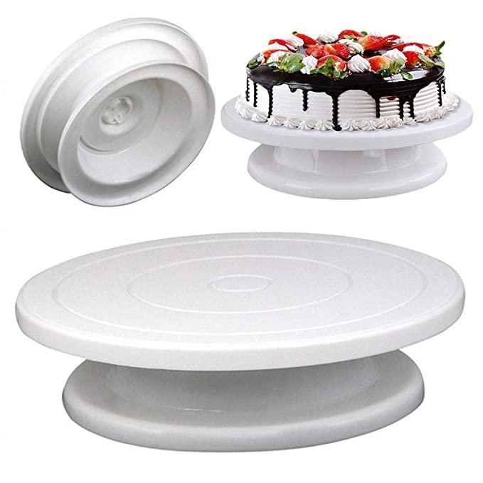 WENGTY Plastic Cake Server 28 cm, 360° Degree Rotating Revolving Cake Turn Table, Decorating Cake Stand Turntable Cake Decoration Turning Table Easy Rotate Cake Table (White) Pack of 1