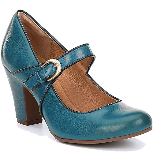 Image of SHODENSE Women Vintage Chunky High Heel Mary Jane Shoes Round Closed Toe Ankle Strap Dress Sandals 3 inch Block Heels Mary Jane Lolita Pumps Two-Toned Patchwork Buckle Office Lady Wedding Retro 4-11 M US