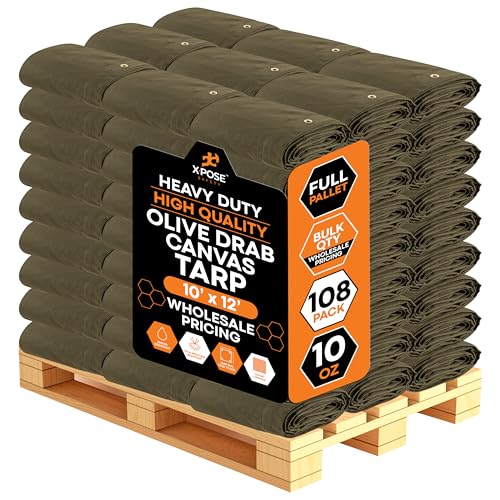 Xpose Safety 10oz Olive Drab Canvas Tarps 10' x 12' &ndash; Bulk Full Pallet (108 Packs) &ndash; Multipurpose Heavy Duty Water-Resistant Tarpaulin with Brass Grommets for Camping, Canopy & Equipment Protection