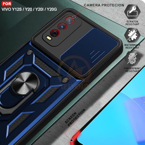Image of Armor Bumper Back Cover Case for Vivo Y12s / Y20 / Y20i / Y20G | Rotating Camera Cover, Ring Holder & Kickstand | Heavy Duty & 360 Degree Protection Back Cover (Blue)