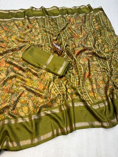 Image of Kalamkari Floral Prints Dola Silk Saree With Rich Zari Border Designer Pallu Attach Blouse Piece
