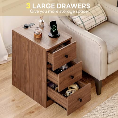 Image of LIKIMIO Nightstand with Charging Station, 3 Drawers Modern for Bedroom | Built-in 2 AC Outlets , Type-C, USB port; spacious storage; side table for living room /bedroom; easy assembly; Walnut