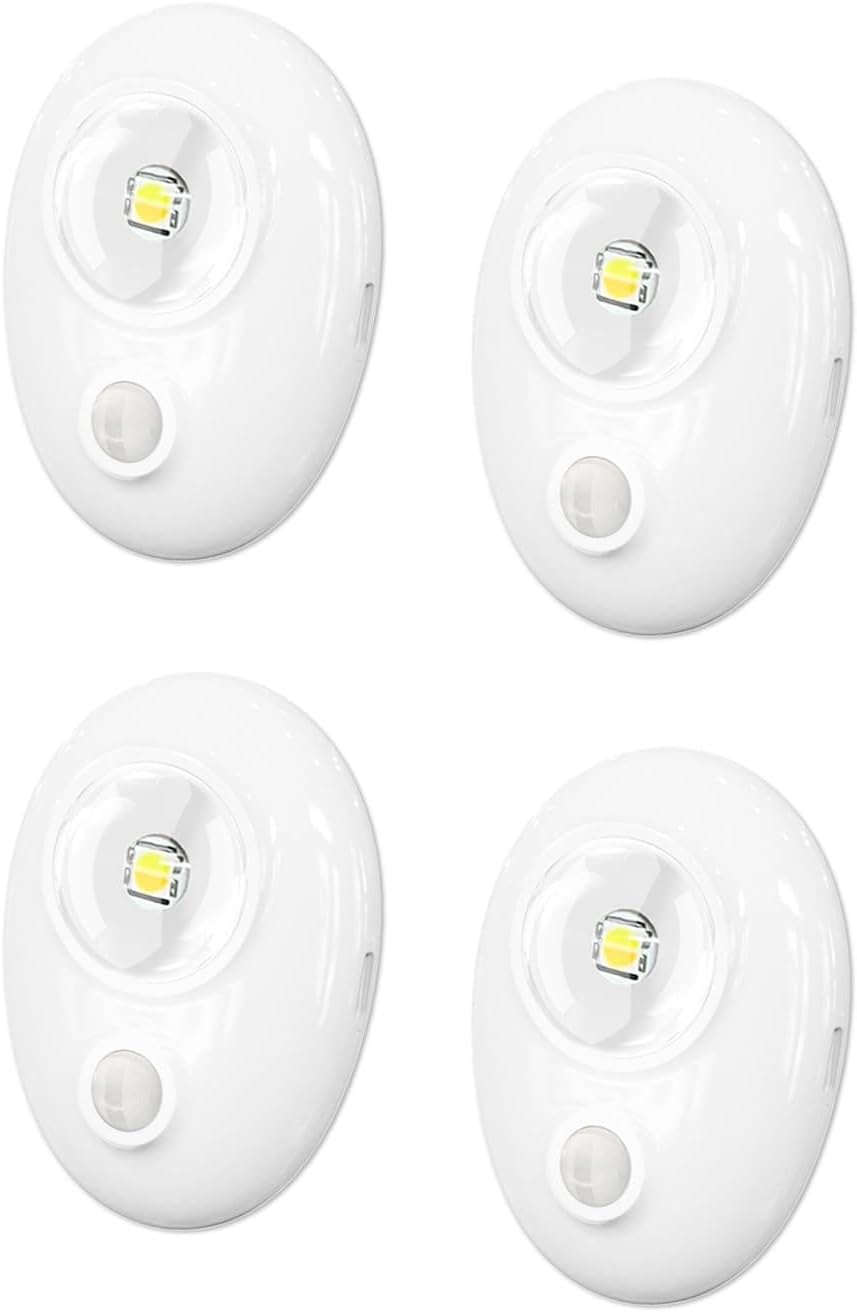Pebble-Shaped Rechargeable Motion Sensor Night Light Indoor,3-Color (Cool White/Warm Light/Natural Light) Puck Lights with Single-Button Control, Dimmable & Motion-Activated for Bedroom/Hallway 4pack