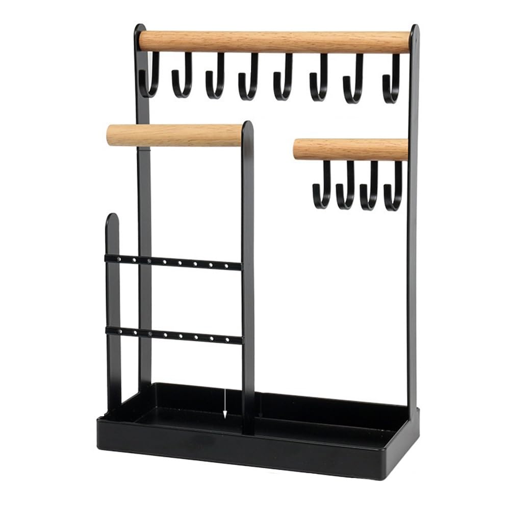 CJHFR472SG Jewelry Organizer Stands Wooden & Metal Jewelry Organizer Stand with Hooks Tray for Necklaces Earrings Bracelets Jewelry Display Stand(Black)