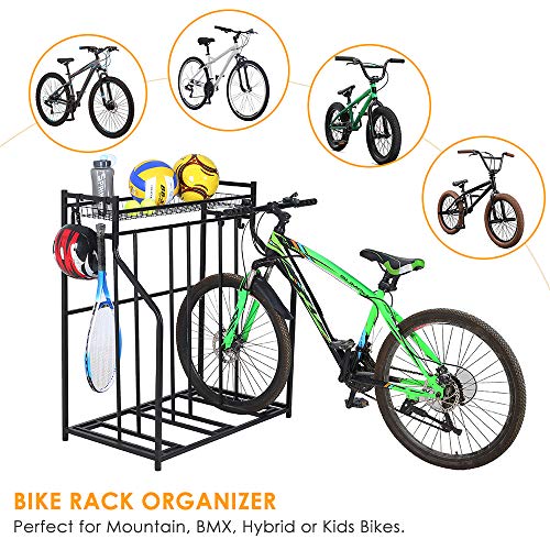 SNAIL 3 Bike Stand Rack with Storage for Garage Use, Freestanding Bicycle Instant Floor Parking Stand for Parking Road, Mountain, Hybrid or Kids Bikes, Sports Storage Station Garage Organizer - Black - Thumbnail 3