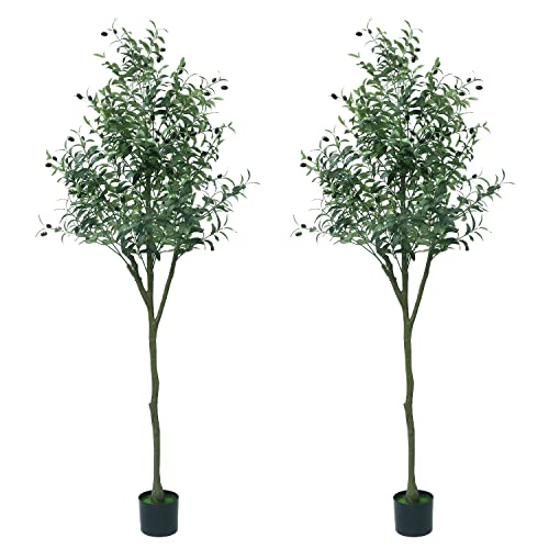 Artificial Olive Tree, 6Ft/71'' Tall Large Fake Silk Tree Plants For Modern Living Room Home Office Indoor Outdoor Floor Garden Decor, Natural Artificial Olive Plants Housewarming Gift, Set Of 2 #TOP4