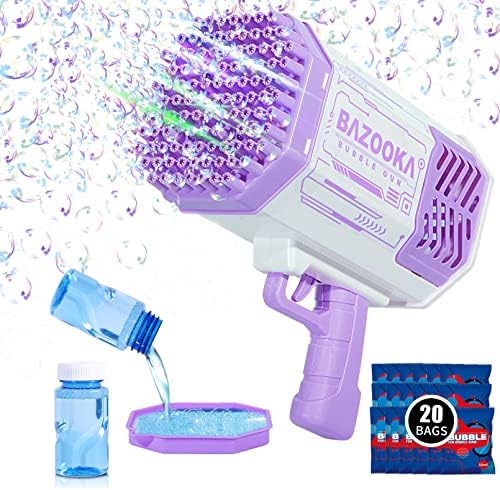 Bubble Gun Machine with Bubble Solution for Kids Adult Toy Gift Portable Bubble Blower Makers 69 Hole 5000+ Bubbles Per Min for Outdoor Indoor Game Wedding Birthday Party Purple