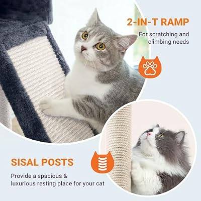 Allewie 81 Inches Tall Cat Tree/Multi-Level Large Climbing Tree House and Towers for Big Feline/Condo and Hammock/Scratching Post/Wide Base/Dark Grey
