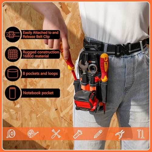 Image of MELOTOUGH 7-Pocket Technician Pouch-Small Pocket Tool Belt Pouch with Belt Clip,Clip on Larger Pockets & Loop, Clip on-Tool Holder Accessory