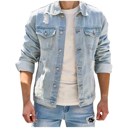 Jean Jacket for Men Button down Distressed Ripped Solid Color Casaul Denim Outerwear Jacket Coat with Multiple Pocket