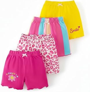 KEESOR Girls Shorts 4-Pack, Multicolor, Elastic Waist, Smile & Sweet Flower Print, Leopard & Striped Patterns Price In India