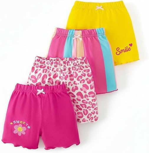KEESOR Girls Shorts 4-Pack, Multicolor, Elastic Waist, Smile & Sweet Flower Print, Leopard & Striped Patterns