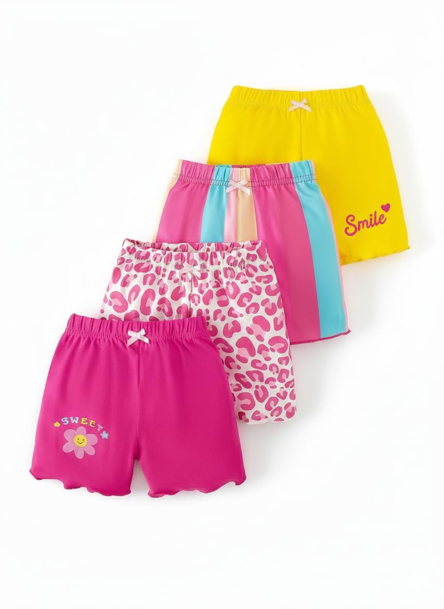 KEESOR Girls Shorts 4-Pack, Multicolor, Elastic Waist, Smile & Sweet Flower Print, Leopard & Striped Patterns