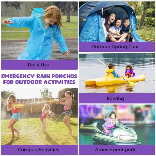 Image of BFONS Rain Ponchos for Kids, Reusable Raincoats for Boys Girls with Hood and Sleeves, Waterproof Rain Jackets for Travel Outdoor Blue+Purple