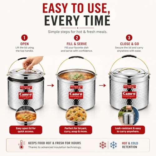 Image of Camro Sambar Pot Hammered 15 Liters | Sambar Pot with Lid | Casserole for Cooking | Canteen & Hotel Casserole Container | Picnic Hot | Biryani Box Hot & Cold Serving