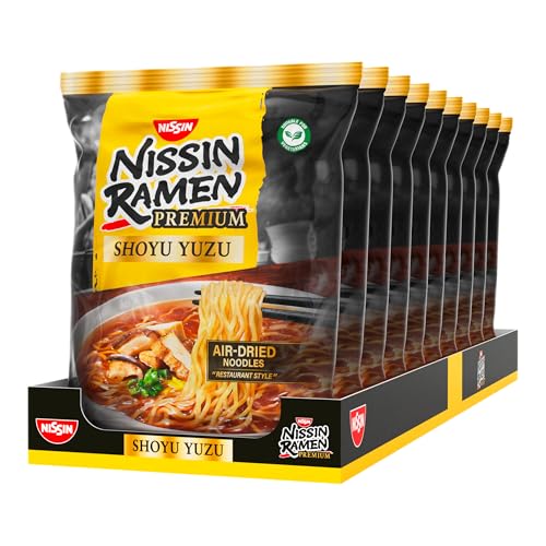 Nissin Ramen Premium - Shoyu Yuzu, 10er Pack, luftgetrocknete Instant-Nudeln japanischer Art für mit Yuzu-Sojasaucen-Geschmack und getrocknetem Lauch (10 x 92,7g)