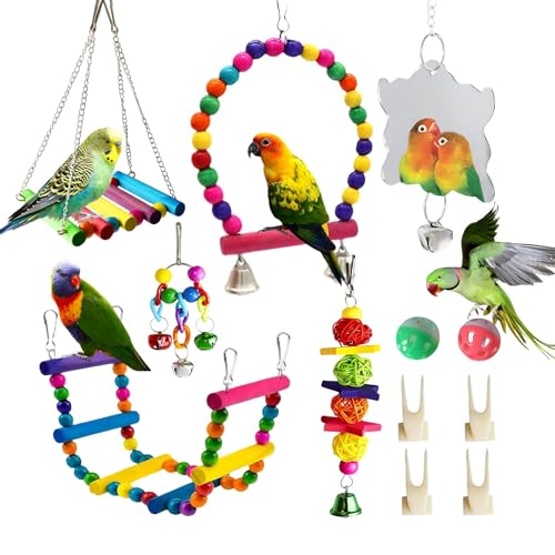 Image of Bird Toys Parakeets Cage Accessories: 12Pcs Parrot Toy Swing Ladder Natural - Small Birds Supplies for Cockatiel Conure Lovebird Budgie Canary Finches Quaker