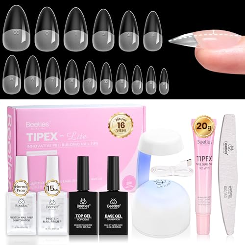 Beetles Tipex Lite Kit with Nail Prep Dehydrator & Primer Medium Almond 256PCS 16 Sizes Mini UV Lamp 20g Solid Glue Base & Top Coat All-in-one DIY Starter Kit